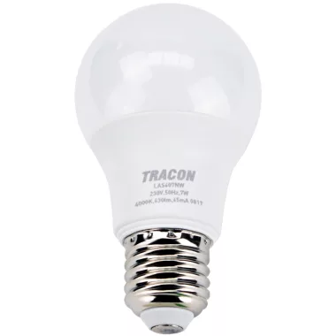 TRACON LAS607NW Gömb burájú LED fényforrás SAMSUNG chippel 230V,50Hz,7W,4000K,E27,630 lm,200°,A60,SAMSUNG chip, EEI=F