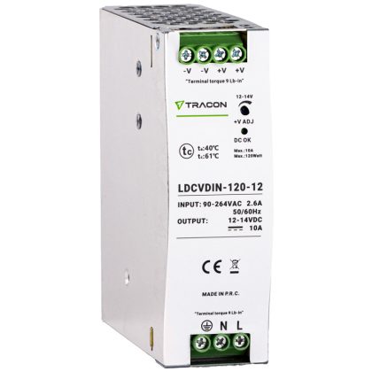   TRACON LDCVDIN-120-12 DIN sínre szerelhető tápegységszabályozható DC kimenettel 90-264VAC,2,6A/DC12V,10A/120W