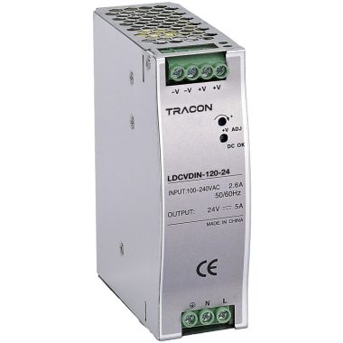 TRACON LDCVDIN-120-24 DIN sínre szerelhető tápegységszabályozható DC kimenettel 100-240VAC,2,6A/DC24V,5A/120W