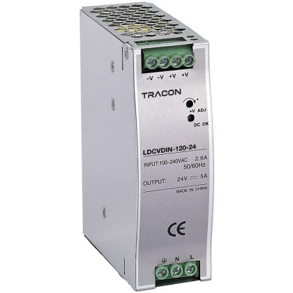   TRACON LDCVDIN-120-24 DIN sínre szerelhető tápegységszabályozható DC kimenettel 100-240VAC,2,6A/DC24V,5A/120W