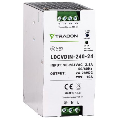   TRACON LDCVDIN-240-24 DIN sínre szerelhető tápegységszabályozható DC kimenettel 90-264VAC,2,8A/DC24V,10A/240W