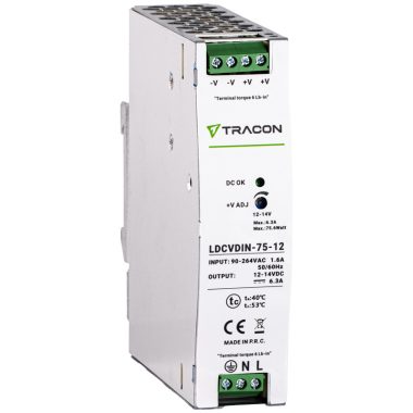 TRACON LDCVDIN-75-12 DIN sínre szerelhető tápegységszabályozható DC kimenettel 90-264VAC,1,6A/DC12V,6,3A/75W
