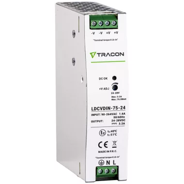 TRACON LDCVDIN-75-24 DIN sínre szerelhető tápegységszabályozható DC kimenettel 90-264VAC,1,6A/DC24V,3,2A/75W