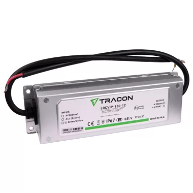 TRACON LDCVIP-150-12 Védett fém házas LED meghajtó 100-240VAC/12VDC,150W,0-12,5A, IP67