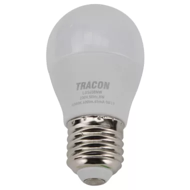 TRACON LGS458NW Gömb burájú LED fényforrás SAMSUNG chippel 230V,50Hz,8W,4000K,E27,720 lm,180°,G45,SAMSUNG chip, EEI=F