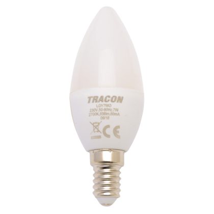 TRACON LGY7W Gyertya burájú LED fényforrás, tejüveg 230 V, 50 Hz, 7 W, 2700 K, E14, 600 lm
