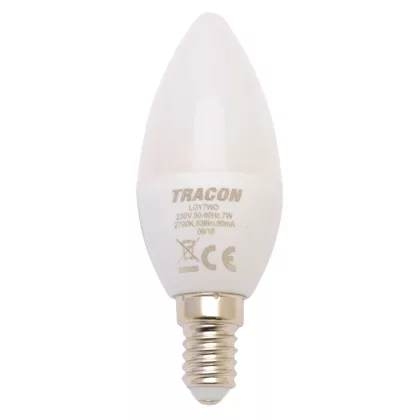   TRACON LGY7W Gyertya burájú LED fényforrás, tejüveg 230 V, 50 Hz, 7 W, 2700 K, E14, 600 lm, 180°, EEI=F