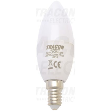   TRACON LGY8W Gyertya burájú LED fényforrás, tejüveg 230V, 50 Hz, 8W, 2700K, E14, 570lm, 250°