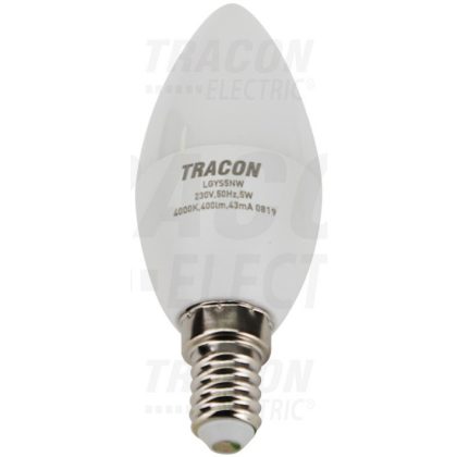   Bec Led lumanare TRACON LGYS5NW LED cu cip SAMSUNG 230V, 50Hz, 5W, 4000K, E14400lm, 180 °, C37, cip SAMSUNG, EEI = A +