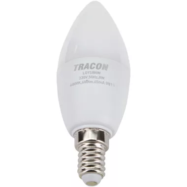 Bec Led lumanare  TRACON LGYS8W, cu cip SAMSUNG 230V, 50Hz, 8W, 3000K, E14,570lm, 180 °, C37, cip SAMSUNG, EEI = A +