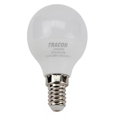 TRACON LMGS455W Gömb burájú LED fényforrás SAMSUNG chippel 230V,50Hz,5W,3000K,E14,430lm,180°,G45,SAMSUNG chip, EEI=F
