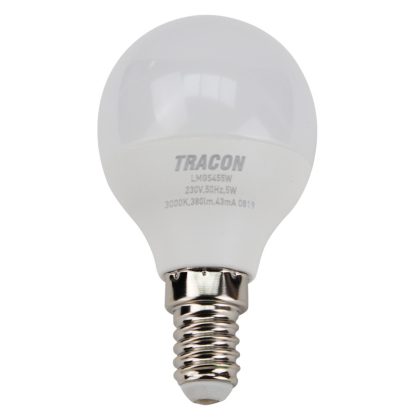   TRACON LMGS455W Gömb burájú LED fényforrás SAMSUNG chippel 230V,50Hz,5W,3000K,E14,430lm,180°,G45,SAMSUNG chip, EEI=F
