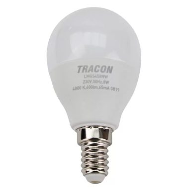 TRACON LMGS458NW Gömb burájú LED fényforrás SAMSUNG chippel 230V,50Hz,8W,4000 K,E14,600lm,180°,G45,SAMSUNG chip,EEI=A+