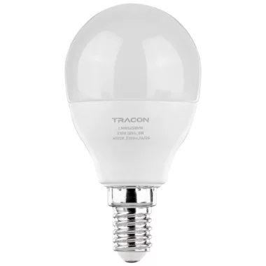 TRACON LMGS458NW Gömb burájú LED fényforrás SAMSUNG chippel 230V,50Hz,8W,4000 K,E14,720lm,180°,G45,SAMSUNG chip, EEI=F