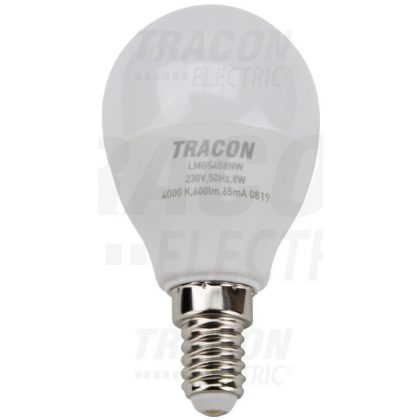   TRACON LMGS458NW Gömb burájú LED fényforrás SAMSUNG chippel 230V,50Hz,8W,4000 K,E14,600lm,180°,G45,SAMSUNG chip,EEI=A+