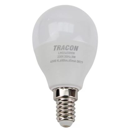   TRACON LMGS458W Gömb burájú LED fényforrás SAMSUNG chippel 230V,50Hz,8W,3000K,E14,570lm,180°,G45,SAMSUNG chip,EEI=A+