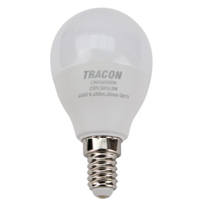   TRACON LMGS458W Gömb burájú LED fényforrás SAMSUNG chippel 230V,50Hz,8W,3000K,E14,710lm,180°,G45,SAMSUNG chip, EEI=F