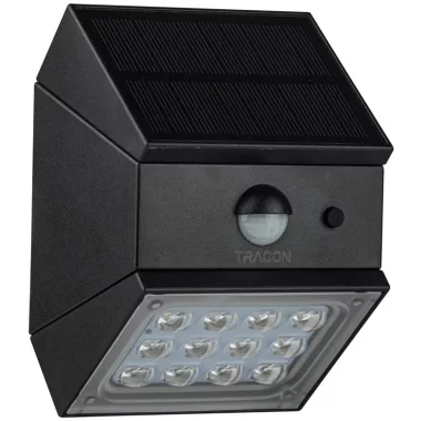 TRACON LSCB2W Napelemes LED fali világítótest mozgásérzékelővel, fekete 2 W, 4000 K, 300 lm, IP65, 3,7 V, 1,2 Ah