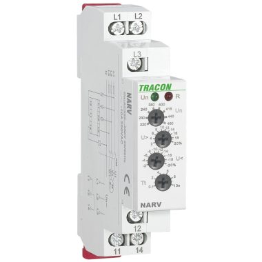 TRACON NARV Feszültségfigyelő relé 3 fázisra AC 220-460V, U> U< = +/-2-20%, t=0,1-10s, Asy