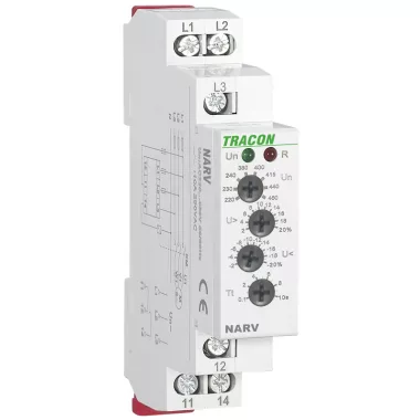 TRACON NARV Feszültségfigyelő relé 3 fázisra AC 220-460V, U> U< = +/-2-20%, t=0,1-10s, Asymm 8%