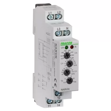 TRACON NARVN Feszültségfigyelő relé 3 fázisra AC 230V L-N, U>,< ,= +/-2-20%, t=0,1-10s, Asymm 8%