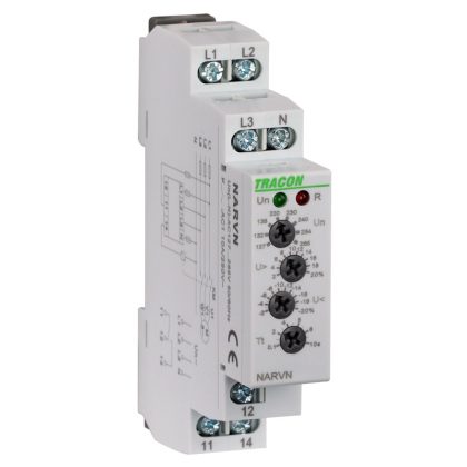   TRACON NARVN Feszültségfigyelő relé 3 fázisra AC 230V L-N, U>,< ,= +/-2-20%, t=0,1-10s, Asymm 8%