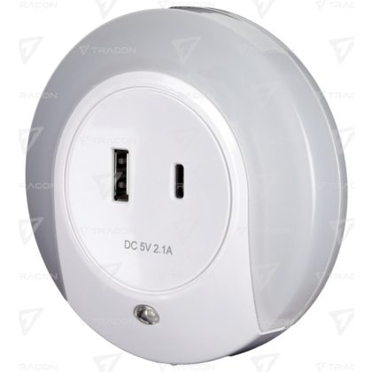 TRACON NLUSBC Éjszakai fény USB-C porttal 230VAC, 50Hz, 0,4W, 15lm, CDS, 1xUSB, 1xUSB-C