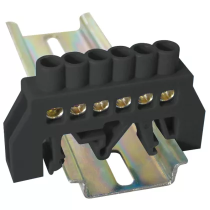   TRACON NPE-BK6-6 Szigetelt földelősín (N/PE), fekete 230/400VAC, 63A, 6×9mm, 6P, IP20