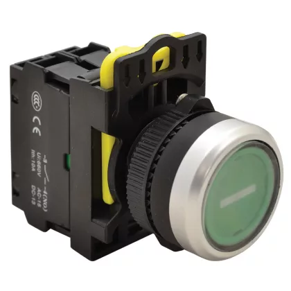 TRACON NYG3-P1L Jelölt, világító nyomógomb, zöld, (fehér I) 1×NO, 5A/230V AC-15, IP65, LED