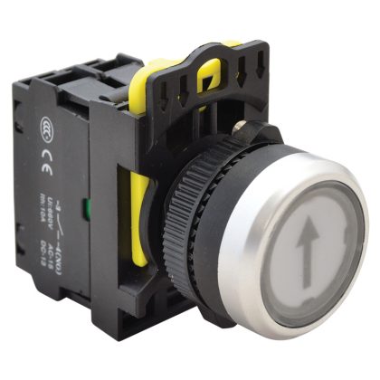 TRACON NYG3-P3L Jelölt, világító nyomógomb, fehér, (fekete nyíl) 1×NO, 5A/230V AC-15, IP65