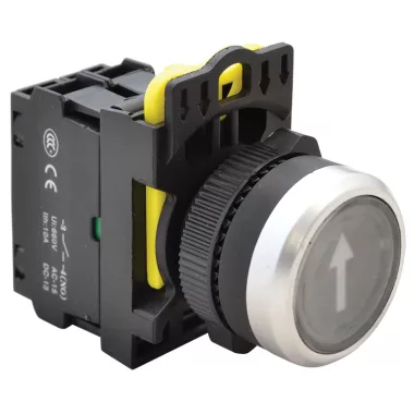 TRACON NYK3-P4L Jelölt, világító nyomókapcsoló, fekete, (fehér nyíl) 1×NO, 5A/230V AC-15, IP65, LED 230V AC/DC