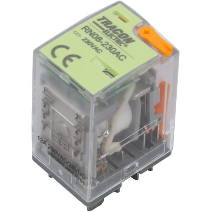   TRACON RN08-12DC Miniatűr teljesítményrelé tesztgombbal és állapotjelzéssel 12V DC / 2×CO (12A, 230V AC / 28V DC)