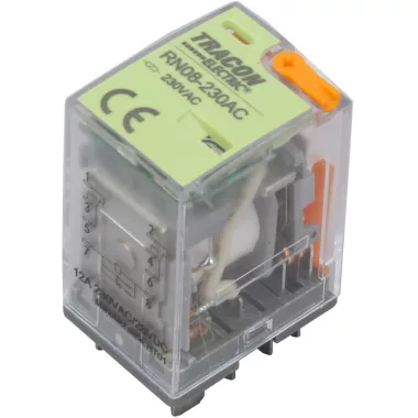 TRACON RN08-24AC Miniatűr teljesítményrelé tesztgombbal és állapotjelzéssel 24V AC / 2×CO (12A, 230V AC / 28V DC)