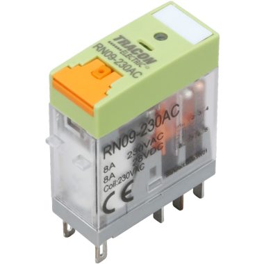 TRACON RN09-12DC Print relé tesztgombbal és állapotjelzéssel 12V DC / 2×CO (8A, 230V AC / 30V DC)