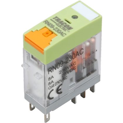   TRACON RN09-24AC Print relé tesztgombbal és állapotjelzéssel 24V AC / 2×CO (8A, 230V AC / 30V DC)