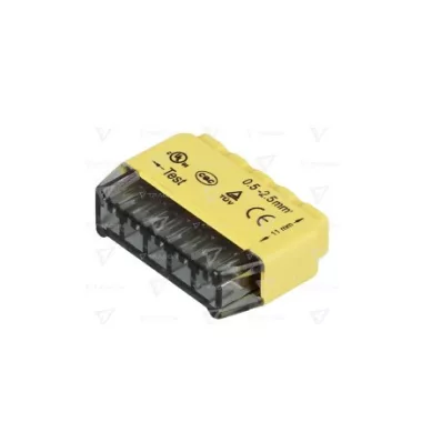 TRACON RVU2,5-5 Csavar nélküli vezetékösszekötő, sárga 5x0,5-2,5mm2, 450VAC, max. 16A