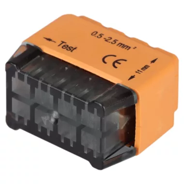 TRACON RVU2,5-8 Csavar nélküli vezetékösszekötő, narancssárga 8x0,5-2,5mm2, 450VAC, max. 16A TRACON RVU2,5-8 Csavar nélküli vezetékösszekötő, narancssárga 8x0,5-2,5mm2, 450VAC, max. 16A