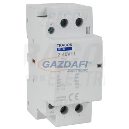   TRACON SHK2-40V11 Installációs kontaktor 230V AC, 50Hz, 2 Mod, 1×NO+1×NC, AC1/AC7a, 40A