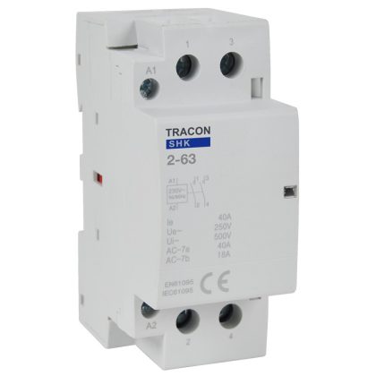 TRACON SHK2-63 Installációs kontaktor 230V AC, 50Hz, 2 Mod, 2×NO, AC1/AC7a, 63A TRACON SHK2-63 Installációs kontaktor 230V AC, 50Hz, 2 Mod, 2×NO, AC1/AC7a, 63A