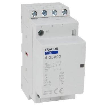 TRACON SHK4-25V22 Installációs kontaktor 230V AC, 50Hz, 2 Mod, 2×NO+2×NC, AC1/AC7a, 25A
