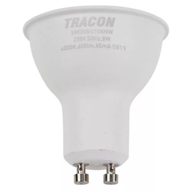 TRACON SMDSGU108CW Műanyag házas SMD LED spot fényforrás SAMSUNG chippel 230V,50Hz,GU10,8W,620lm,6500K,120°,SAMSUNG chip,EEI=A+