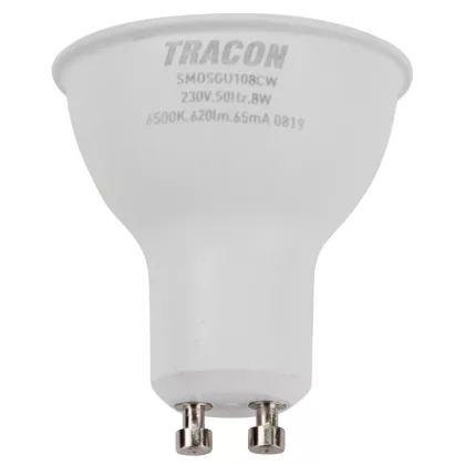   TRACON SMDSGU108CW Műanyag házas SMD LED spot fényforrás SAMSUNG chippel 230V,50Hz,GU10,8W,740lm,6500K,120°,SAMSUNG chip, EEI=F