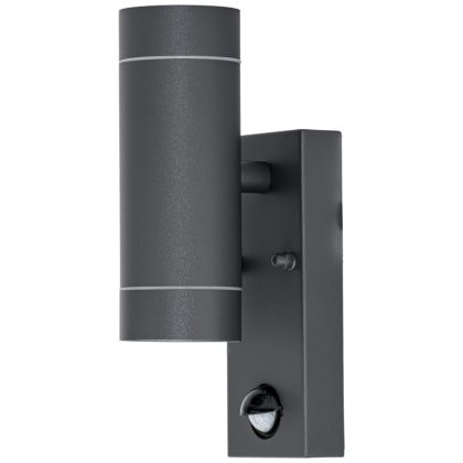   TRACON SPGU10IPFS2A Oldalfali spot lámpatest mozgásérzékelővel, kültéri,antracit 100-240VAC,50Hz,2xGU10,max35W,10s-4min,max 8m,3-2000lx,IP44