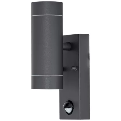   TRACON SPGU10IPFS2A Oldalfali spot lámpatest mozgásérzékelővel, kültéri,antracit 100-240VAC,50Hz,2xGU10,max35W,10s-4min,max 8m,3-2000lx,IP44