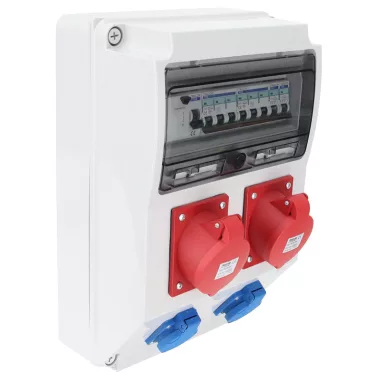 TRACON TDB09-12MV Csatlakozó doboz védelemmel, vezetékezett, készre szerelt Prot.:RCCB,MCB,Out:2×SCHUKO+2×32A(3P+N+E)