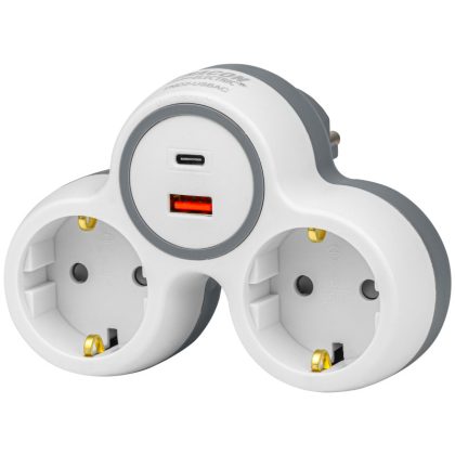 TRACON TND2-USBAC Többférőhelyes átalakító csatlakozó, USBC+USBA, szürke+fehér 2×SCHUKO, m