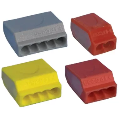 TRACON TRC255 Csavar nélküli vezetékösszekötő, szürke 5×(0,75-2,5mm2) 450VAC, max. 16A, 100 db/csomag TRACON TRC255 Csavar nélküli vezetékösszekötő, szürke 5×(0,75-2,5mm2) 450VAC, max. 16A, 100 db/csomag