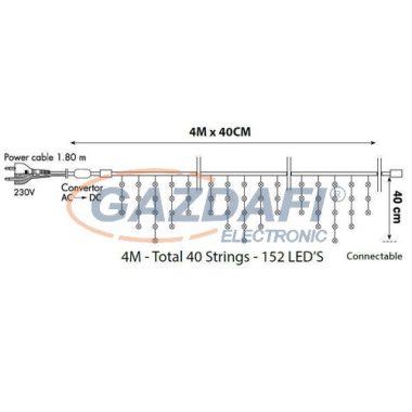 TRONIX 005-058 LED-es jégcsap fényfüggöny, 4 m, 152 LED, fehér kábel, meleg fehér fény, IP44