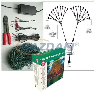 TRONIX 024-003 LED-es szett fák megvilágítására, zöld kábel, hideg fehér fény, 2 x 63 m, 840 LED, IP44