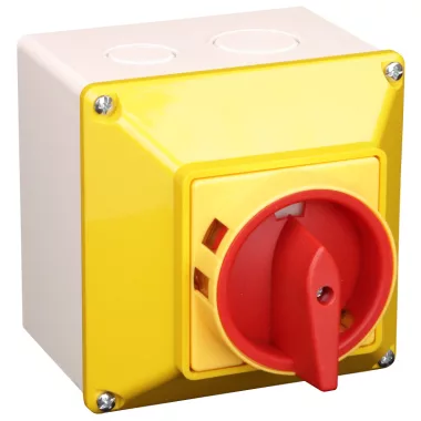 TRACON TSS-63/3T65S Tokozott biztonsági lakatolható szakaszoló kapcsoló, sárga 400V, 50Hz, 63A, 3P, 18,5kW, 64×64mm, IP65